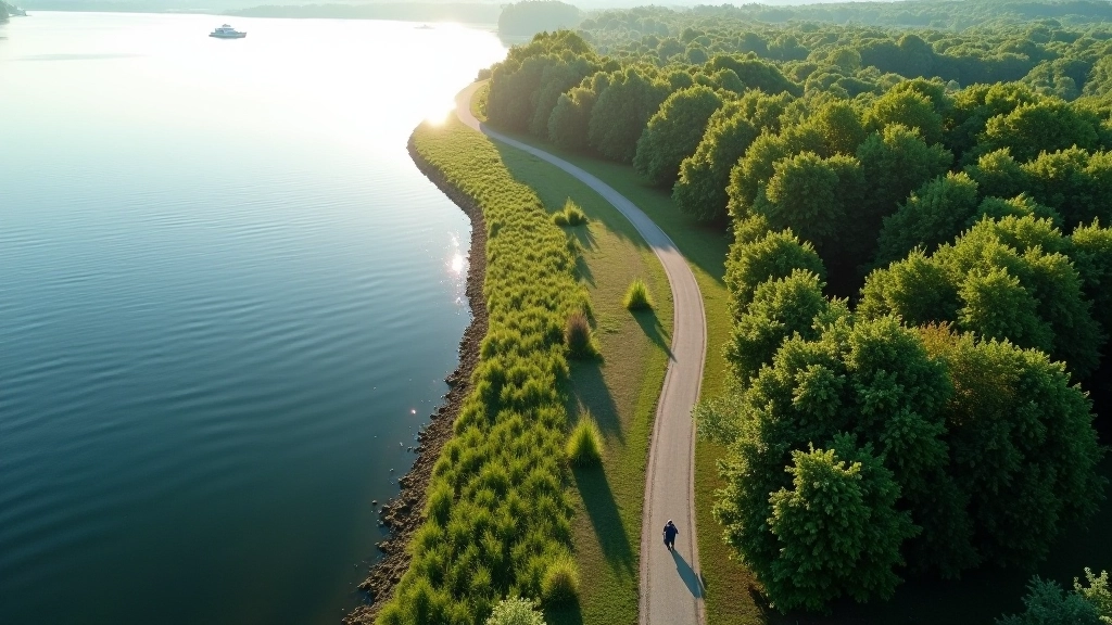 Aerial view of winding path along peaceful Ķīšezera lake shoreline surrounded by green trees, morning light creating soft shadows on the walking trail