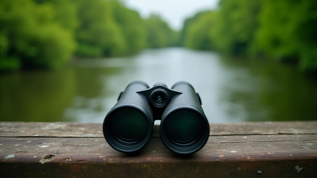 Binoculars resting on natural wooden table with river landscape visible through them, peaceful outdoor setting