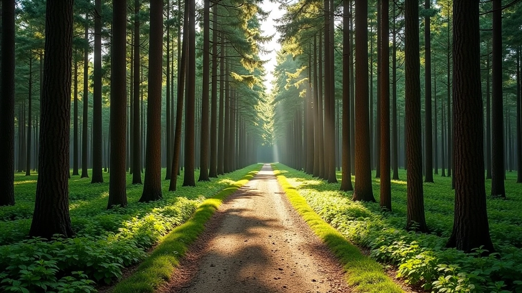 Forest path on island with tall pine trees, mixed understory vegetation, natural lighting through canopy, peaceful woodland setting