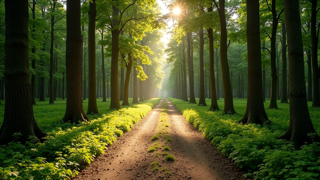 Dappled sunlight filtering through tall pine and birch trees creating natural shade along forest walking path, peaceful woodland environment