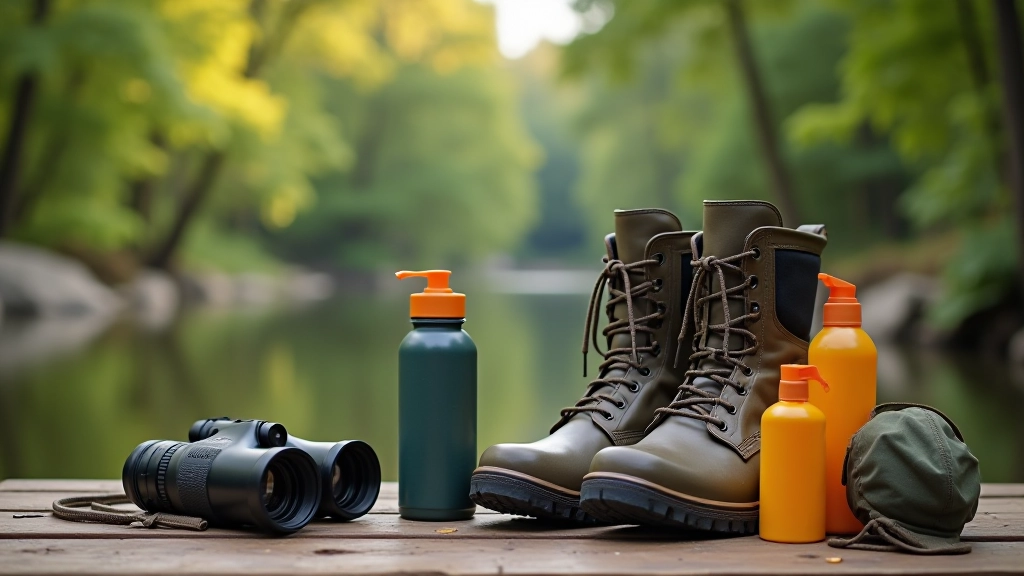 Hiking boots and outdoor gear laid out on wooden surface, water bottle and binoculars visible, outdoor preparation scene