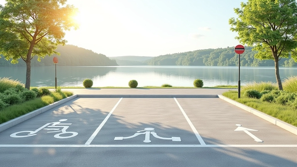 Clean paved parking area with marked spaces near lake entrance, accessible parking signs visible, peaceful natural surroundings
