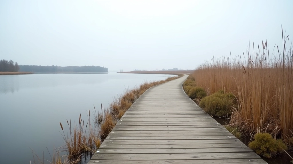 Peaceful shoreline path with calm water, reeds, and overcast sky, natural lighting, serene atmosphere