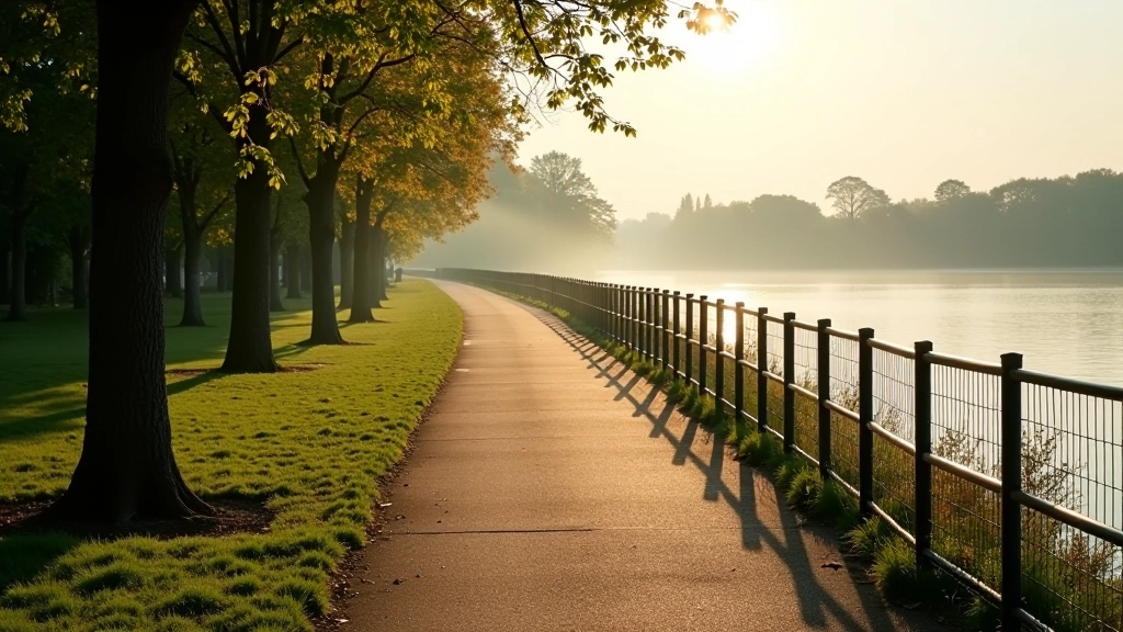 Scenic pathway with railings along river shoreline, morning sunlight filtering through trees, peaceful setting