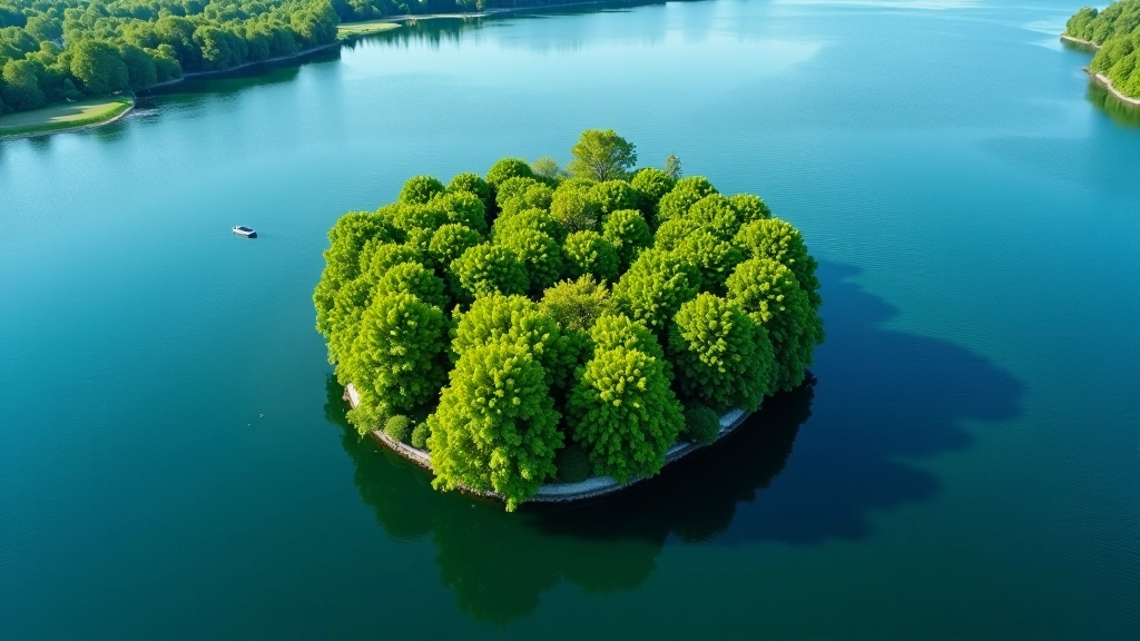 Aerial view of small tree-covered island surrounded by blue river water, birds flying above