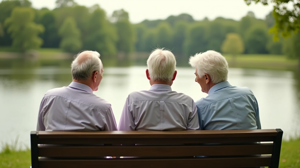 Group of seniors sitting on bench overlooking river landscape, relaxed and smiling, natural outdoor setting