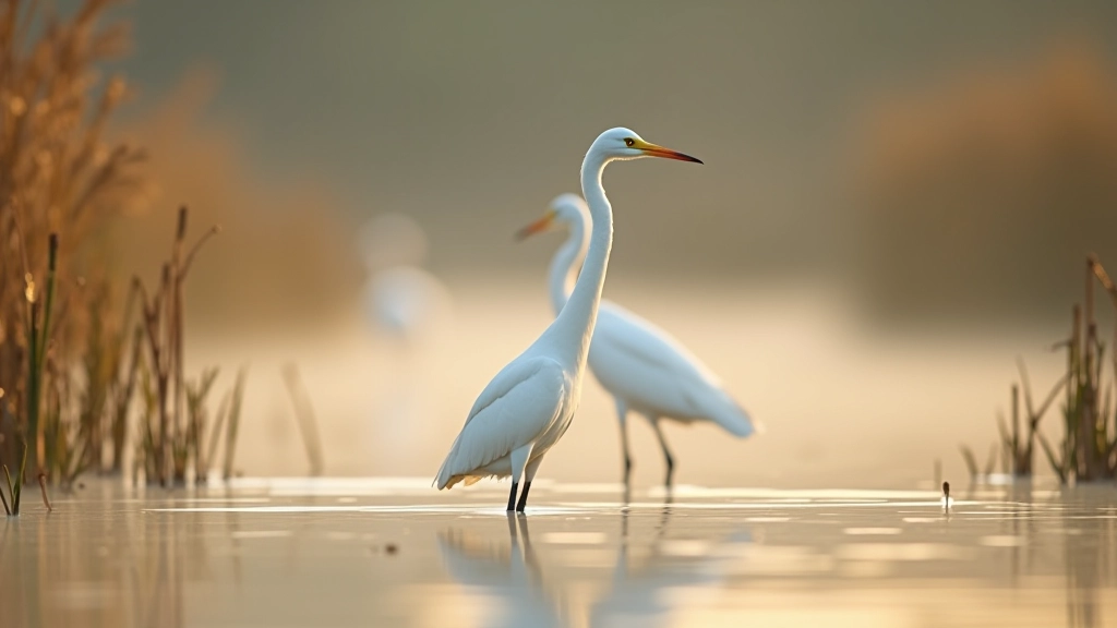 Great white egret standing in shallow water among reeds, early morning mist visible, wetland habitat