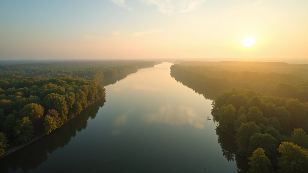 Wide scenic view of Daugava River delta with islands and lush green banks at golden hour