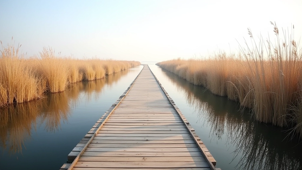 Scenic wooden boardwalk extending over calm water with reeds on both sides, morning light reflecting on surface