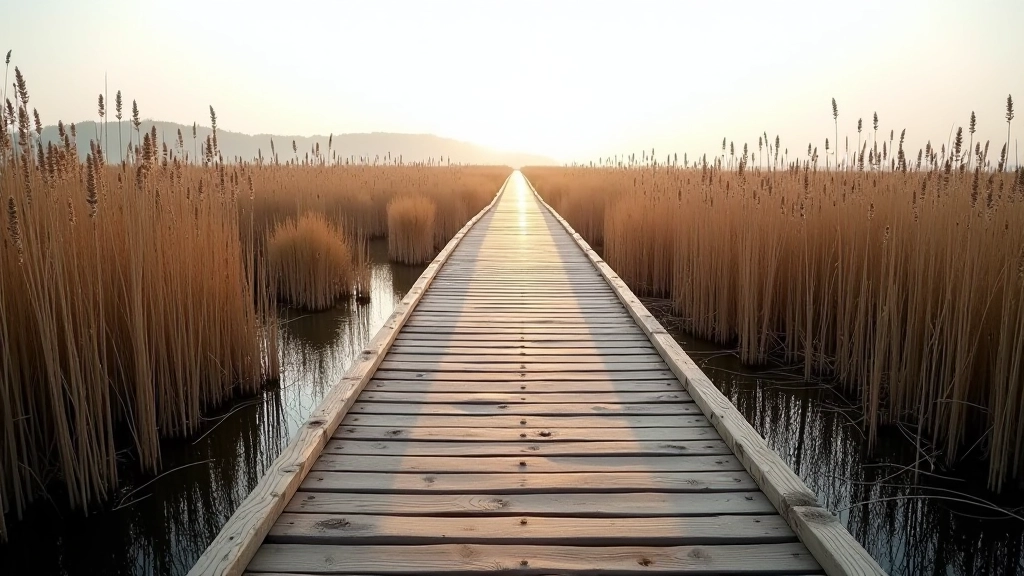 Wooden boardwalk path stretching through reed marshland with water on both sides, accessible hiking trail